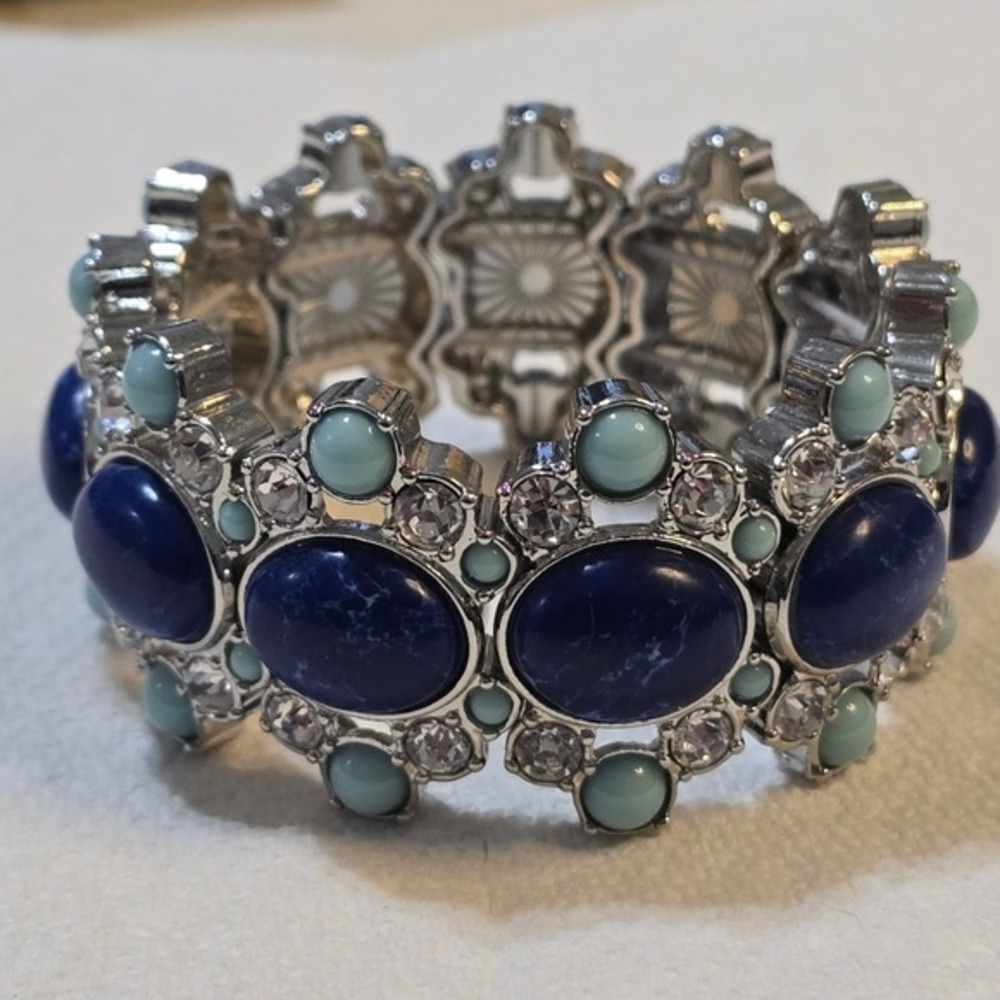 Lia Sophia Navy Blue Marbled Cabochon Silver Tone Rhinestone Stretch Bracelet